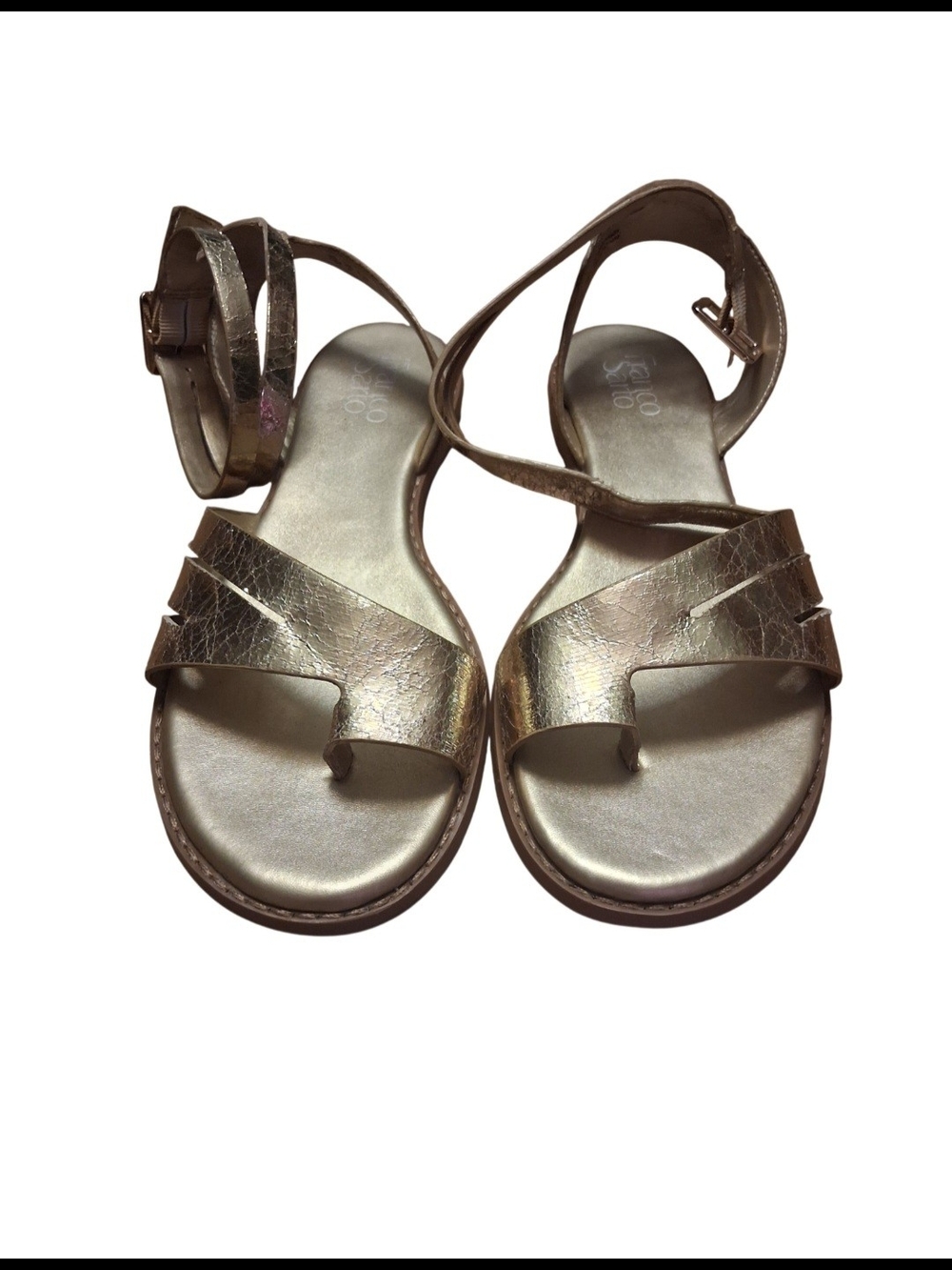 Womens's Franco Sarto Shimmery Gold Toe-Loop Ankle Strap Sandals.       Size 10